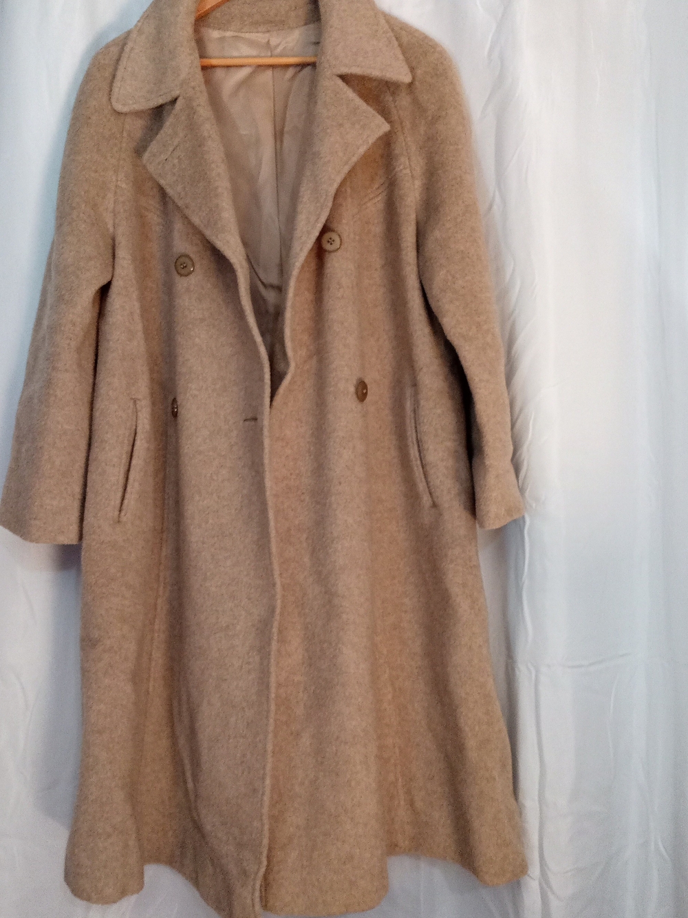 Womens Beige Double-Breasted  100% Pure Wool Trench Coat